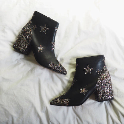 Black Almond Toe Glitter Patchwork Star Ankle Boots with Block Heel