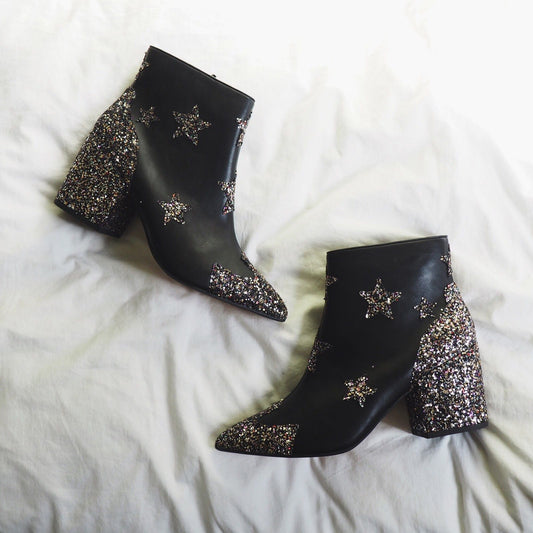 Black Almond Toe Glitter Patchwork Star Ankle Boots with Block Heel