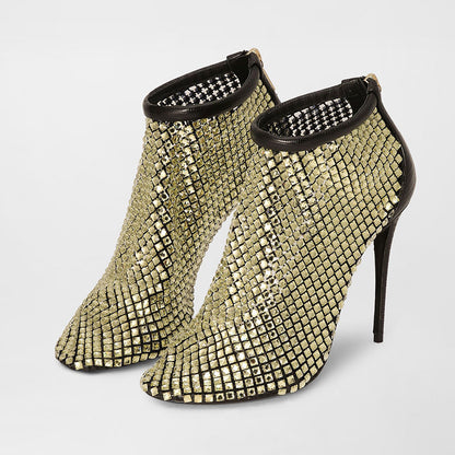Black & Gold All-Over Rhinestone Mesh Stiletto Heel Ankle Boots