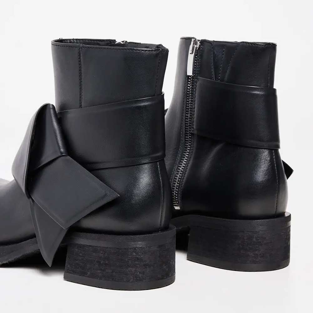 Black Square Toe Side-Zipper Ankle Boots with Front Twisted Knot