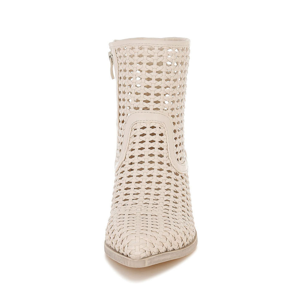 Beige Woven Pointed Toe Block Heel Zipper Ankle Boots for Women