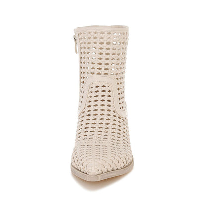 Beige Woven Pointed Toe Block Heel Zipper Ankle Boots for Women