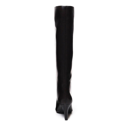 Simple Black Square Toe Cone Heel Vegan Leather Knee High Boots