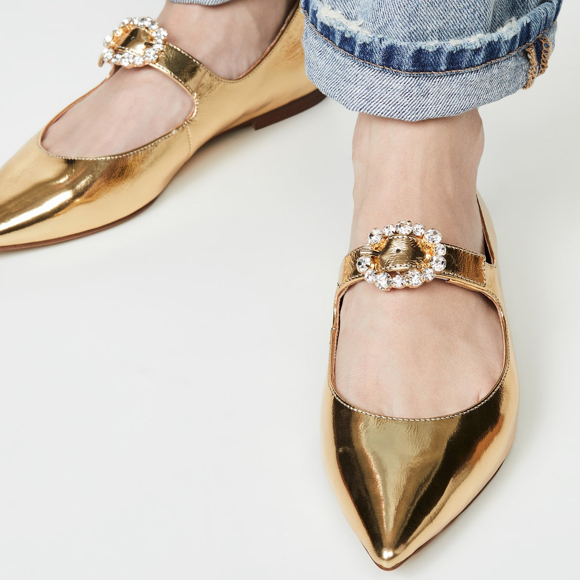 Gold Pointed Toe Mary Jane Shoes Buckle Flats