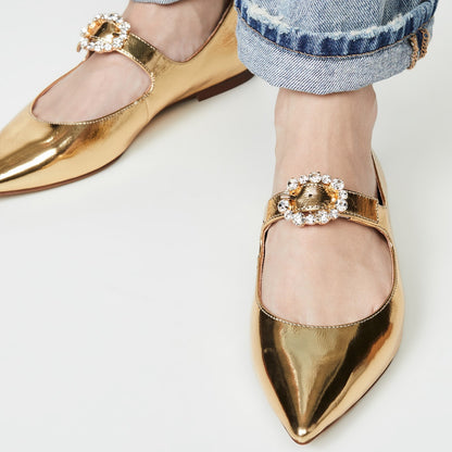 Gold Pointed Toe Mary Jane Shoes Buckle Flats