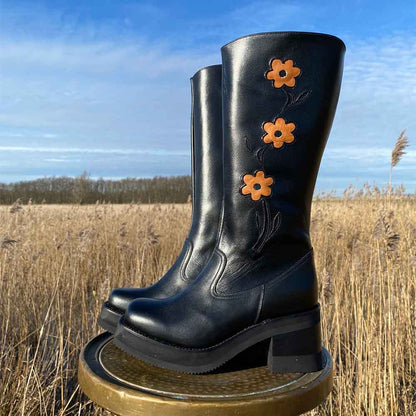 Black Square Toe Flower Inlay Chunky Heel Platform Mid Calf Boots