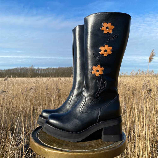 Black Square Toe Flower Inlay Chunky Heel Platform Mid Calf Boots