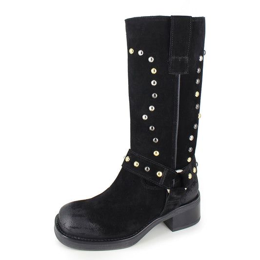 Studded Chunky Heel Square Toe Hardware Mid Calf Boots in Black