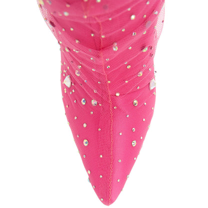Pink Stiletto Shoes Pointy Toe Ruched Mesh Crystal Knee High Boots