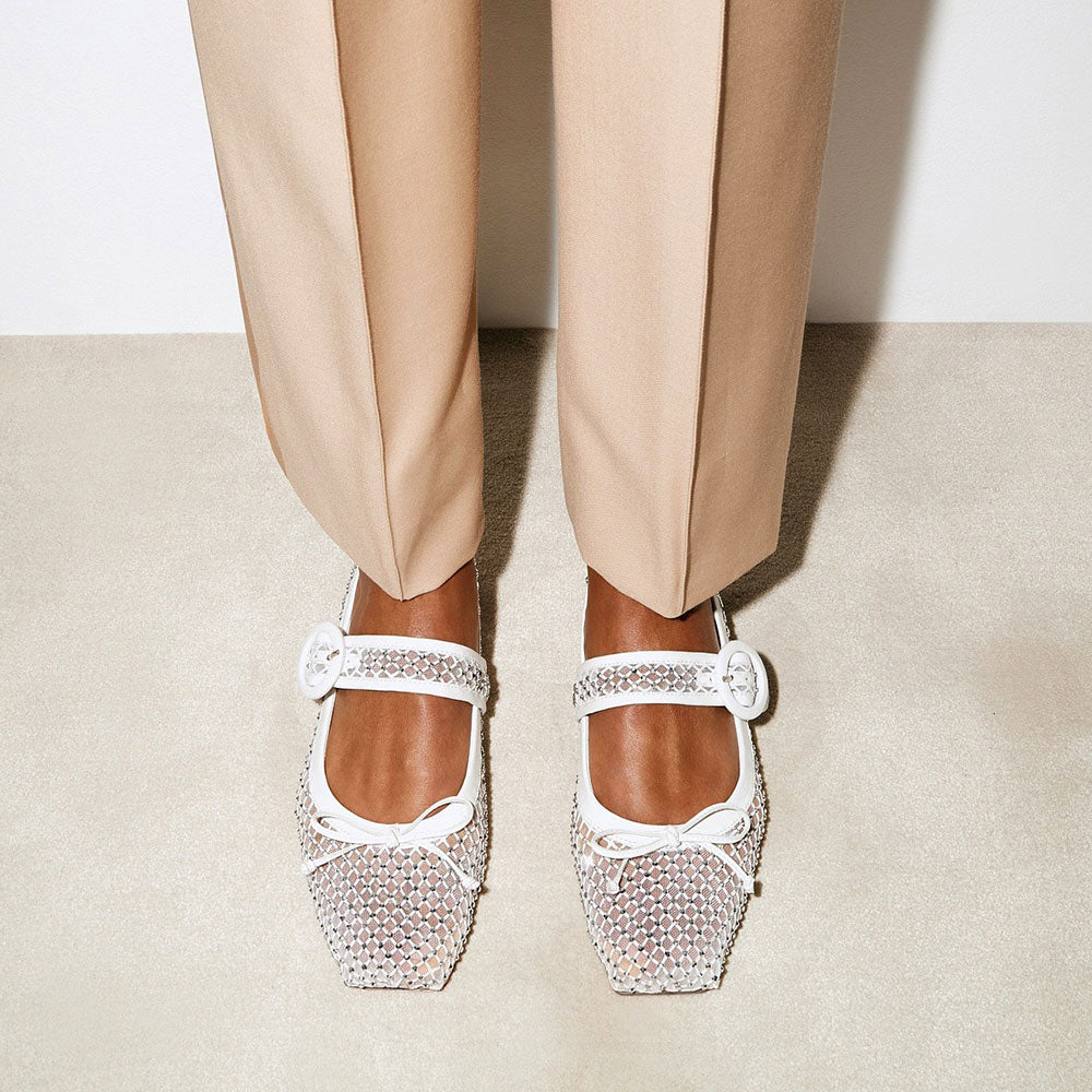 Classy White Square Toe Rhinestone Mesh Bowknot Mary Jane Flats