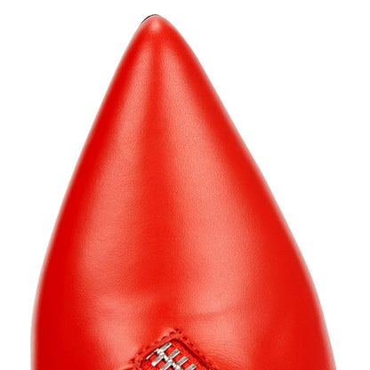 Red Pointed Toe Cone Heel Mid Calf Boots for Women