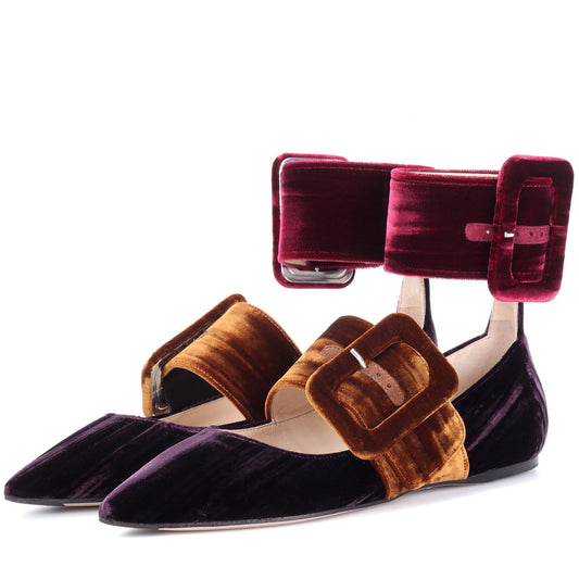 Purple Velvet Mary Jane Shoes Oversized Buckle Strap Pointy Toe Flats