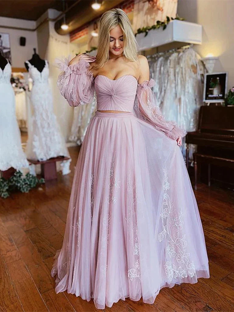 Dusty Pink Tulle Lace Long Prom Dress