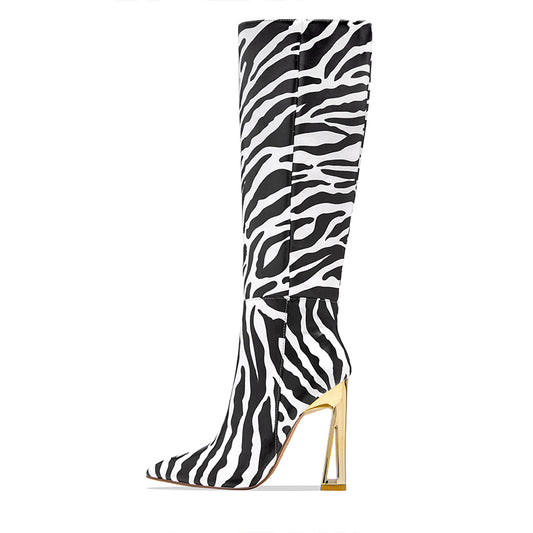 Black & White Zebra Print Knee High Boots with Gold Decorative Heel