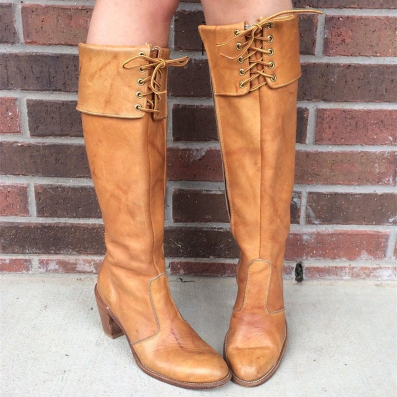 Tan Vintage Round Toe Block Heel Side Zip Knee High Boots for Women