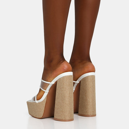 White Square Toe Chunky Heel Clear Strappy Mules with Platform