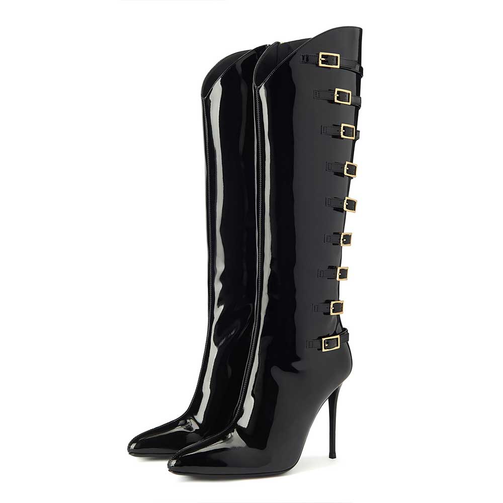 Black Patent Leather Buckle Strappy Stiletto Heel Knee High Boots