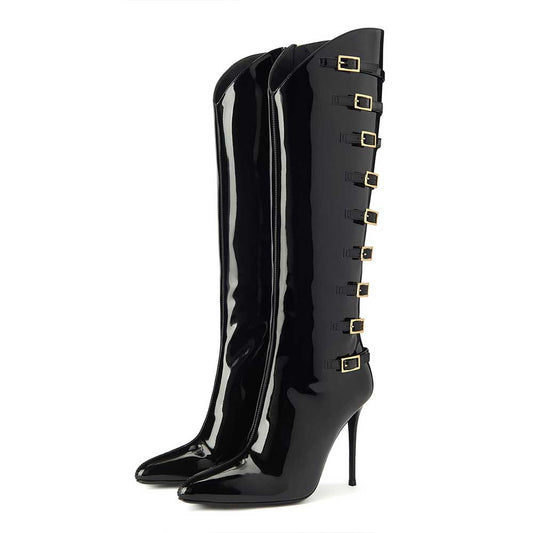 Black Patent Leather Buckle Strappy Stiletto Heel Knee High Boots