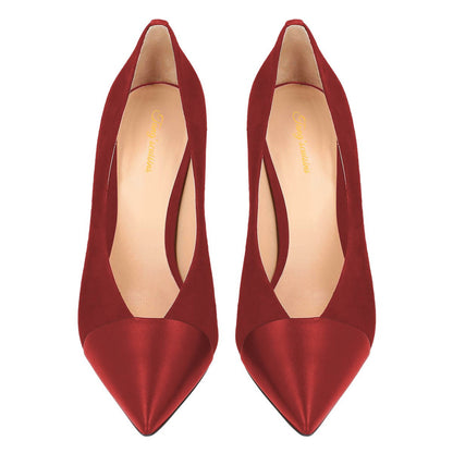 Women's Patchwork Pointed Toe Slip-On Cone Heel Red Pumps