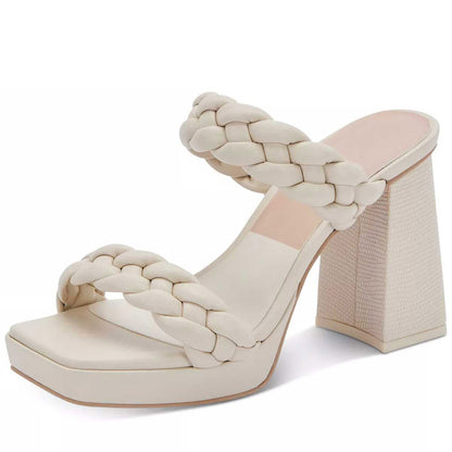 Beige Braided Chunky Heels Square Toe Platform Shoes Vintage Mules