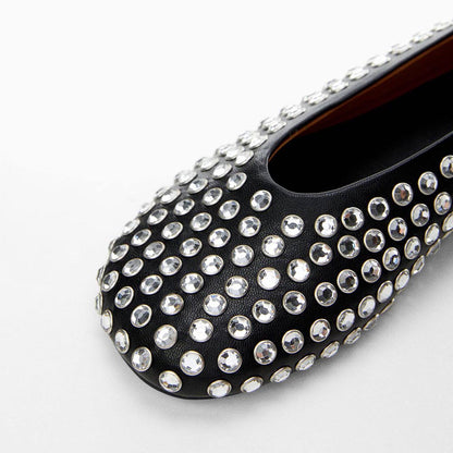 Women's Black Round Toe Rhinestone Embellishment Ballet Flats