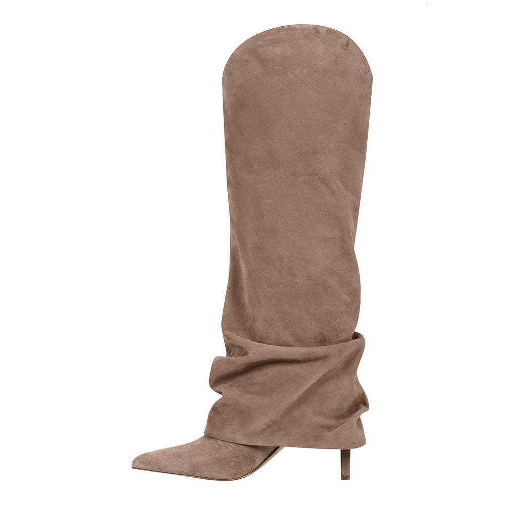 Taupe Pointed Toe Stiletto Heel Slouch Fold-Over Knee High Boots