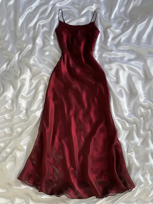 Vintage Burgundy Chiffon Prom Dress Sheath Spaghetti Strap Evening Dress Long Formal Dress TP4679