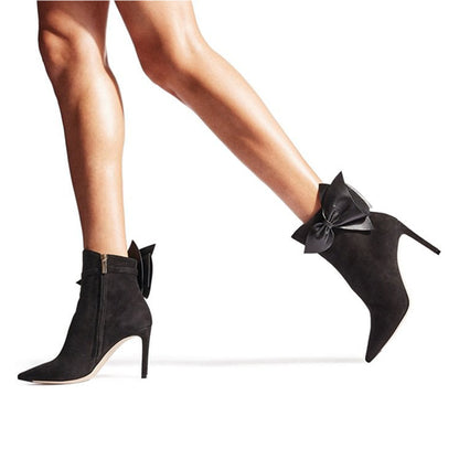 Black Faux Suede Closed Toe 3'' Stiletto Heel Ankle Boots with Bow