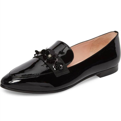 Black Patent Leather Vintage Beaded Flower Flats Women's Loafers