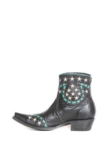 Black Vegan Leather Snip Toe Star Patch-Work Cowgirl Ankle Boots With Chunky Heels