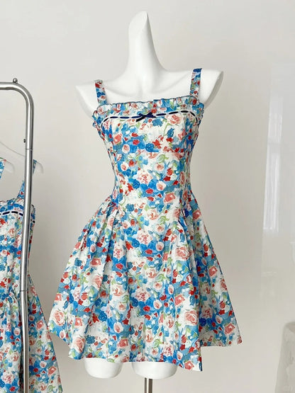 Fresh Blue Floral Waist Thin Strap Square Neck A-line Short 16th Birthday Homecoming Dress P3999