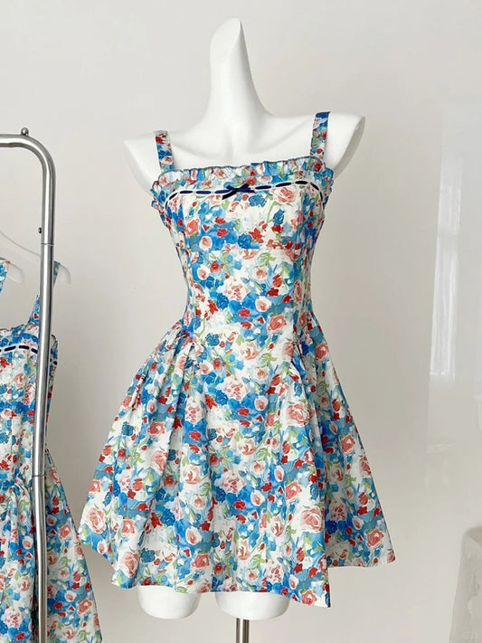 Fresh Blue Floral Waist Thin Strap Square Neck A-line Short 16th Birthday Homecoming Dress P3999