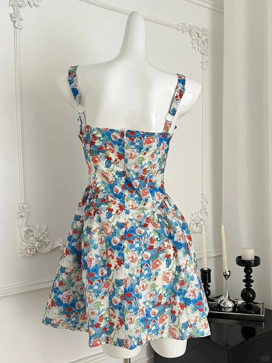 Fresh Blue Floral Waist Thin Strap Square Neck A-line Short 16th Birthday Homecoming Dress P3999