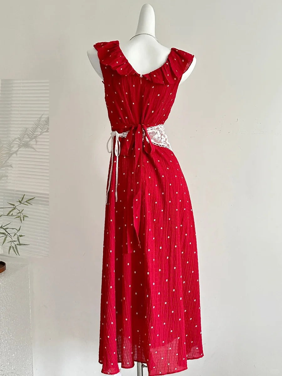 Sweet Red And White Polka Dot A-line Ruffle Waist Long Prom Dress 17th Birthday Dress P4011