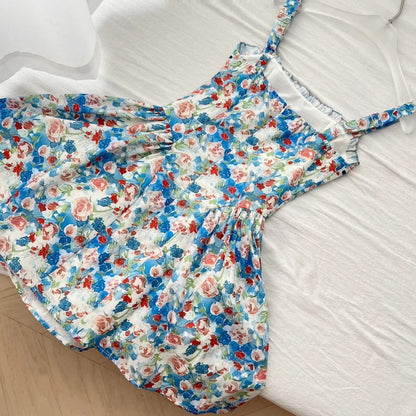 Fresh Blue Floral Waist Thin Strap Square Neck A-line Short 16th Birthday Homecoming Dress P3999