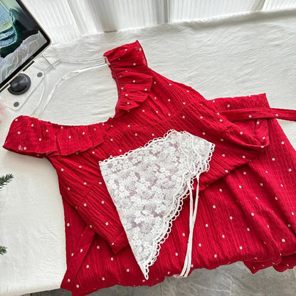 Sweet Red And White Polka Dot A-line Ruffle Waist Long Prom Dress 17th Birthday Dress P4011