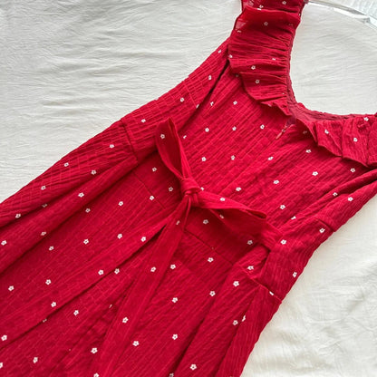 Sweet Red And White Polka Dot A-line Ruffle Waist Long Prom Dress 17th Birthday Dress P4011