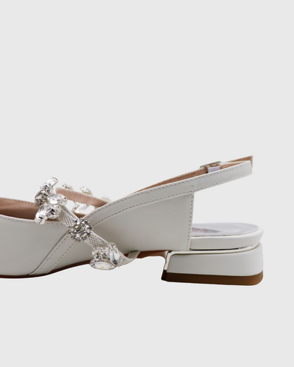 Nerina Rhinestone Strap Leather Flats In White