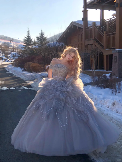 Gorgeous Glittering Sequined Beaded Off-the-shoulder Tulle Sweet 16 Quinceanera A-Line Evening Dress Ball Gown TP4299