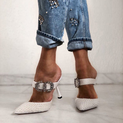 White Pearl Pointed Toe Mule Heels with Rhinestone Buckle