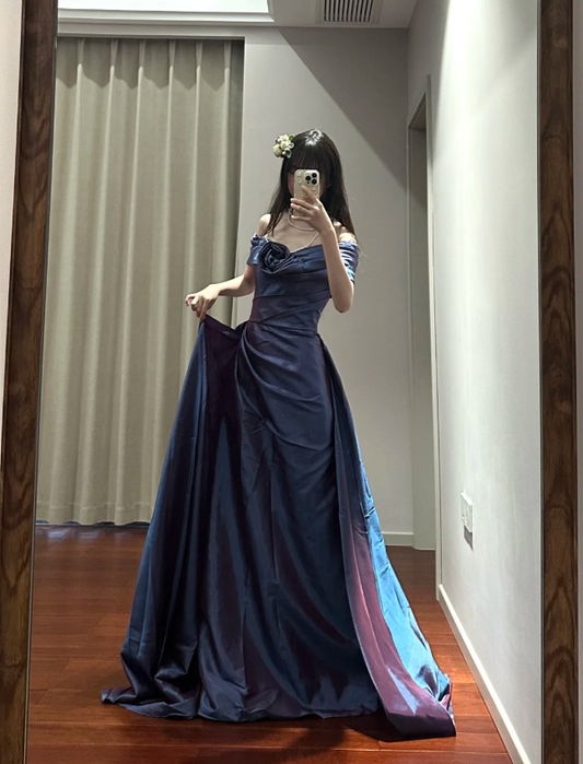 Retro Elegant Blue-Purple Off-Shoulder Hand-Pleated Satin Prom Dress Evening Dress P4111