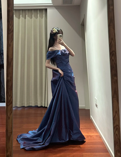 Retro Elegant Blue-Purple Off-Shoulder Hand-Pleated Satin Prom Dress Evening Dress P4111