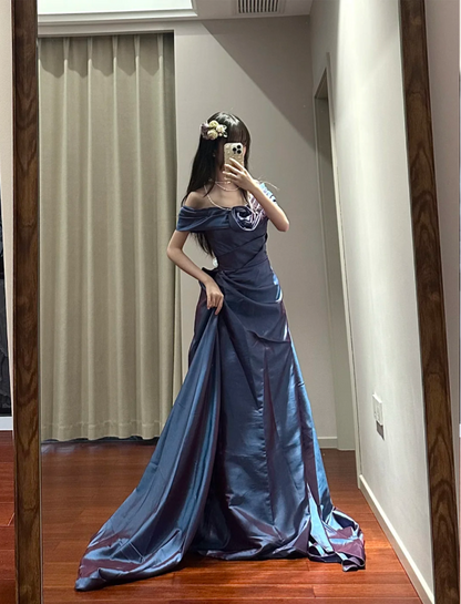 Retro Elegant Blue-Purple Off-Shoulder Hand-Pleated Satin Prom Dress Evening Dress P4111
