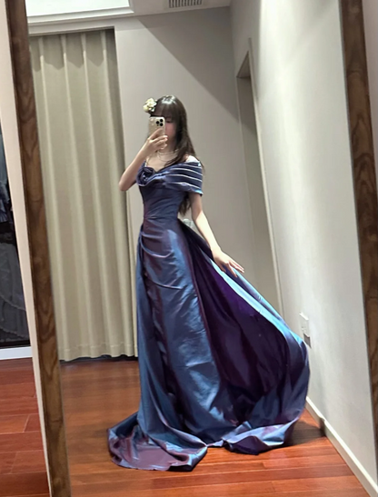 Retro Elegant Blue-Purple Off-Shoulder Hand-Pleated Satin Prom Dress Evening Dress P4111