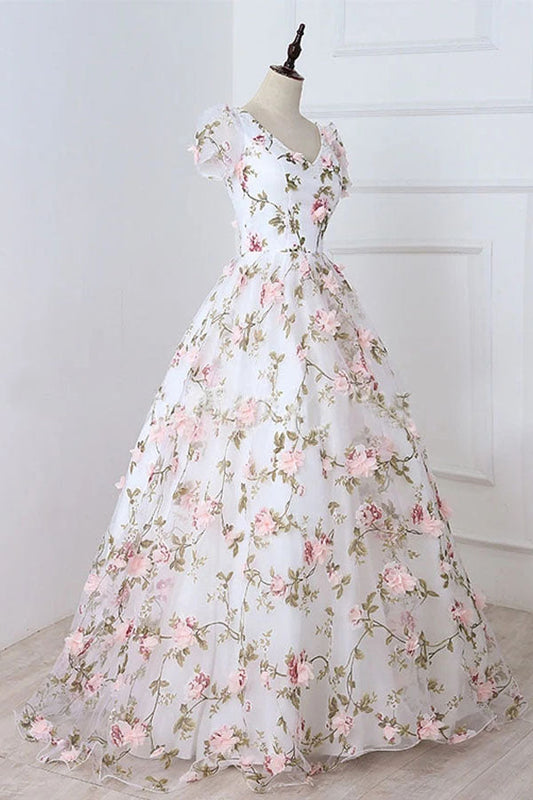 Gorgeous A-line Short Sleeve Floral Long Prom Dress,WP268