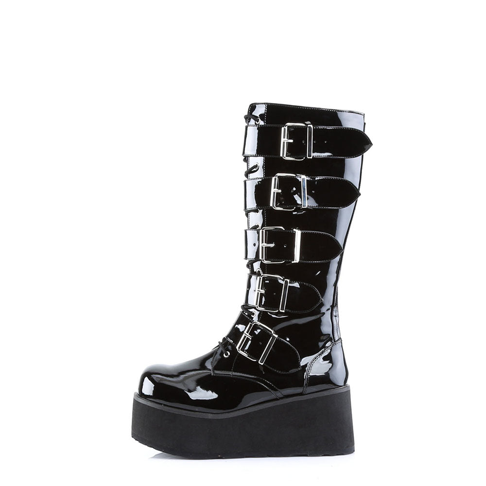 Black Patent Leather Round Toe Wedge Heel Platform Knee High Boots