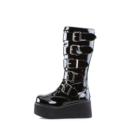 Black Patent Leather Round Toe Wedge Heel Platform Knee High Boots