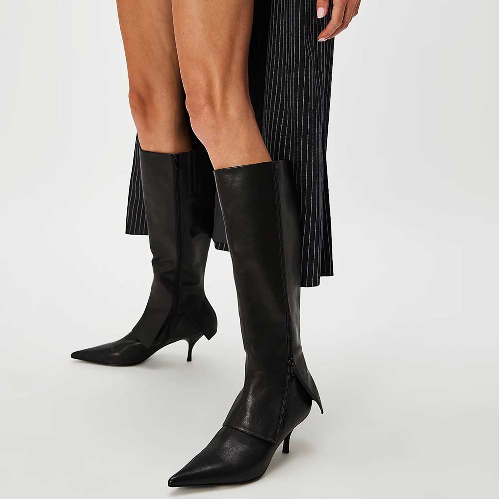 Fashion Pointed Toe Kitten Heel Fold-Over Knee High Boots in Black