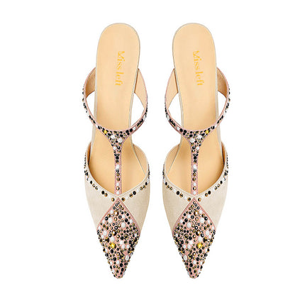 Beige Faux Suede Closed Toe Studded High Heel Mules for Women
