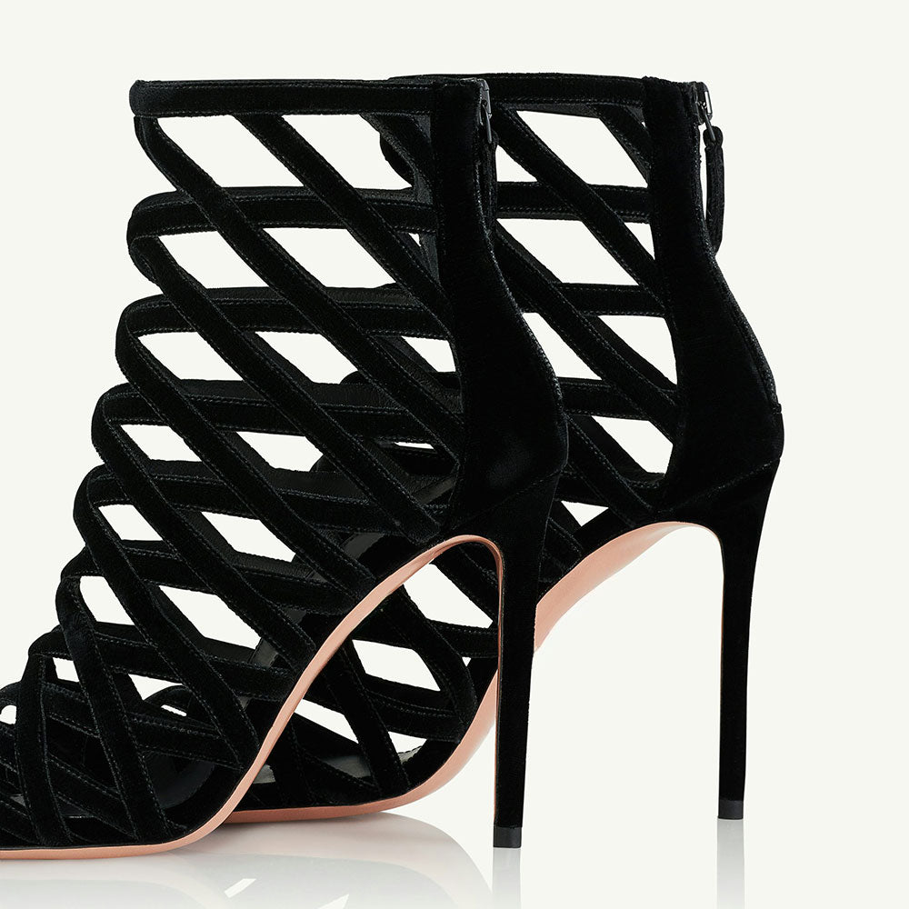 Black Velvet Woven Cage-Like Stiletto Heel Short Boots for Women